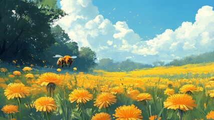 A bee flying over a field of yellow dandelions on a sunny day