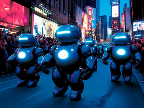 AI-Generated image of A group of robots are marching down a city street. The robots are all blue and have glowing lights on them. The scene is lively and energetic, with a large crowd of people watchi