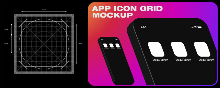 App icon grid Mockup. Icon template for mobile application, operating system. Vector with dimensions and development grid line. Mobile 3D