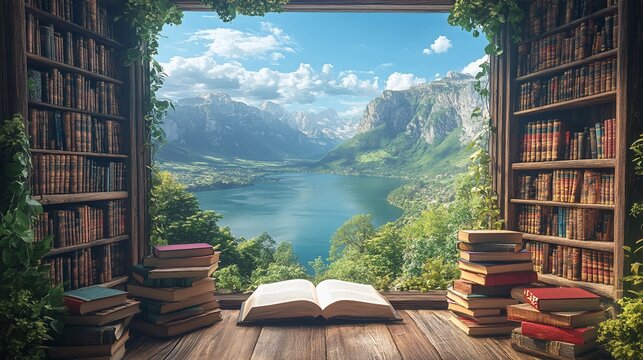Fototapeta A window in a library reveals a breathtaking mountain lake view, with an open book on the windowsill.