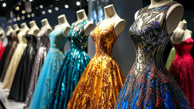 A row of elegant gowns displayed on mannequins in a boutique