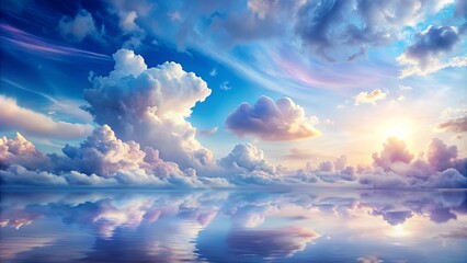 A celestial canvas of ethereal clouds reflected in a tranquil sea, where sunlight paints the sky with vibrant hues.