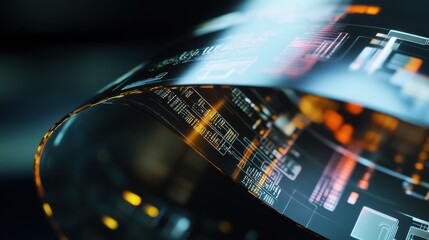 A macro shot of a flexible OLED display panel demonstrating its bendable and thin-film transistor technology, Flexible display technology style, photo of