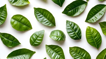 Clean, fresh design featuring lush green citrus leaves on a white backdrop, with soft lighting to accentuate the veins and organic details of the leaves