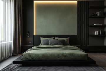 A minimalist  elegant black bedroom with a soft gray accent wall and rich green accents in the form of throw pillows and plants
