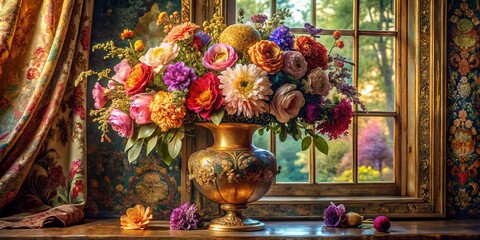 Fototapeta premium A vibrant bouquet of assorted blooms in a golden vase, resting gracefully on a windowsill adorned with intricate floral patterns, capturing the essence of nature's beauty within a timeless setting.