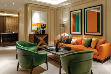 A stylish living room with a black modular sofa, green and gray cushions, and a matte black feature wall. the space is framed by soft gray curtains for an elegant yet modern feel 
