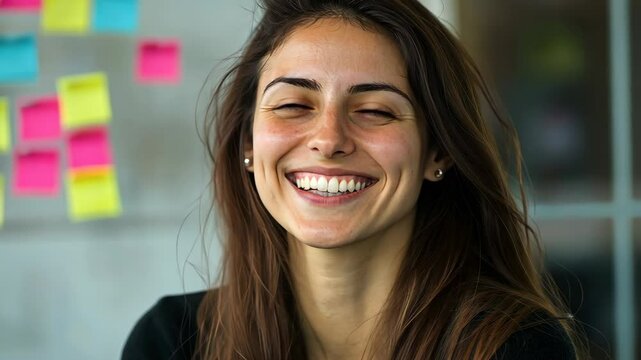 A woman with long brown hair smiles broadly at the camera in an office setting