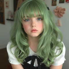 Fototapeta premium Chica con pelo verde y un vestido que le da un aire inocente