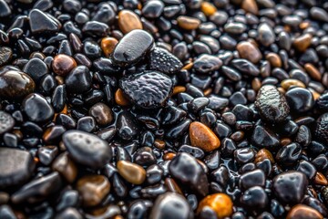 Smooth black and brown beach stones with textured surface