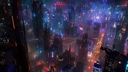 Futuristic Cityscape with Vibrant Skyscrapers at Night