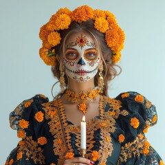 Woman in a traditional Day of the Dead costume with a sugar skull makeup