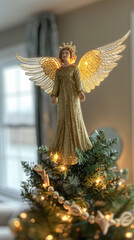 Fototapeta premium beautiful angel tree topper with golden wings and sparkling gown adorns top of Christmas tree, radiating warmth and festive cheer