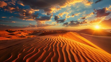 Naklejka premium Breathtaking Desert Landscape with Sand Dunes at Sunset
