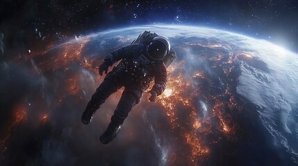Astronaut floating in space with Earth in the background.