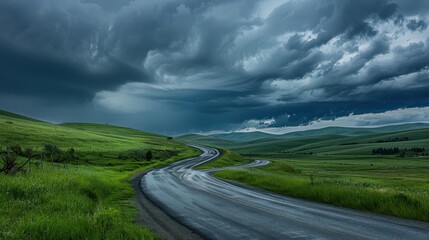 Winding Road Through Green Hills Under Storm Clouds