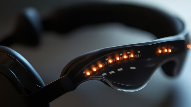 A macro shot of a wearable brain-computer interface headset's electrode array sensing neural signals, Brain-computer interface technology style, photo of