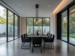 A modern open-concept kitchen and dining area featuring a black matte island with a sleek waterfall edge, high-gloss black cabinetry. The dining area includes a large black dining table with plush cha