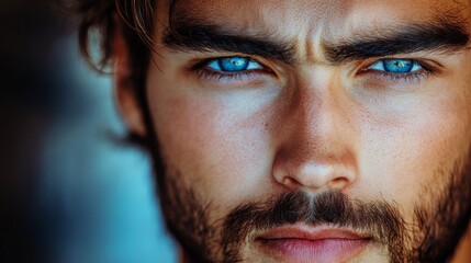 Close-up Portrait of a Man with Blue Eyes and a Stubble Beard