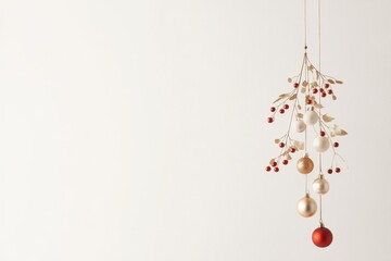 Elegant minimalist christmas decor with gold and red ornaments on white background
