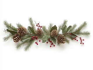 Festive pinecone and berry garland with evergreen branches on white