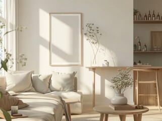 「ソファ、テーブル、大きな窓を備えたモダンなミニマルリビングルームインテリア。自然光が差し込むこの部屋は、穏やかで心地よい雰囲気を醸し出しています。