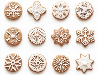 Fototapeta premium Decorative holiday cookies with intricate icing designs on white background