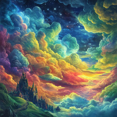 Brightly colored clouds floating over a dreamlike landscape