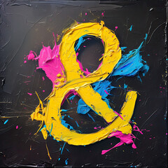 A striking abstract painting of an ampersand "&", with vibrant yellow, magenta, and blue brushstrokes.