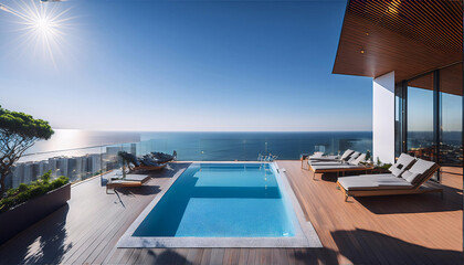 Fototapeta premium Luxurious infinity pool overlooking a serene ocean view
