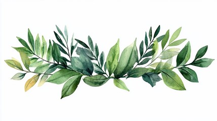 Watercolor painting of a green leafy branch with leaves in various shades of green.