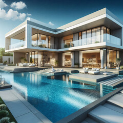Fototapeta premium A modern villa with a large pool, featuring expansive glass windows and a sleek design