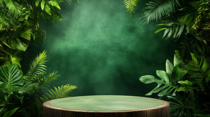 serene rainforest podium surrounded by lush green foliage creates tranquil atmosphere. deep emerald background enhances natural beauty, inviting sense of peace and connection with nature