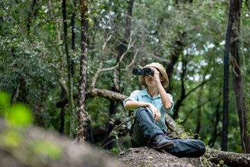 Hiker Observing Nature with Binoculars: Wilderness Adventure, Birdwatching, and Outdoor Exploration in Forest