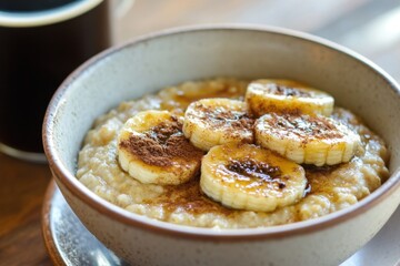 A bowl of creamy oatmeal topped with caramelized banana slices and a sprinkle of cinnamon, served with a side of freshly brewed coffee, representing a warm and comforting breakfast