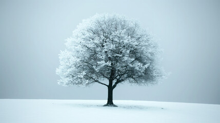 Fototapeta premium Lonely tree covered with frost huge snowy field.Minimalistic winter background evokes feeling of loneliness and tranquility,and crisp white snow and soft blue sky create peaceful atmosphere