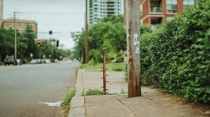 Naklejka premium Urban Street Scene with Utility Pole and Overgrown Grass