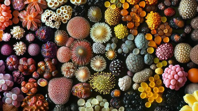 A collection of colorful, tiny sea creatures and shells