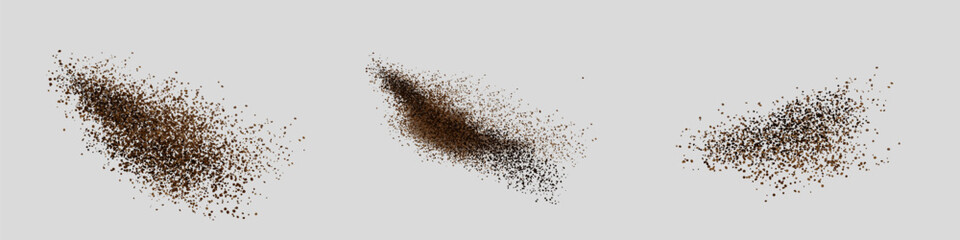 Flying coffee or chocolate powder, dust particles in motion, ground splash isolated on light background. Vector illustration.