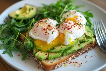 A plate of avocado toast topped with poached eggs, a sprinkle of chili flakes, and a side of arugula salad, representing a healthy and trendy breakfast option 