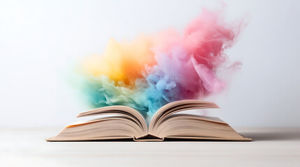 An open book with pages turning into colorful smoke, representing the magical and dreamy world of imagination created by an AI neural network for reading stories.