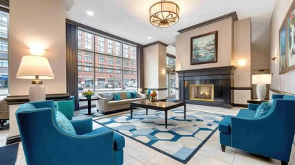 Cozy Modern Lobby with Elegant Blue Furniture