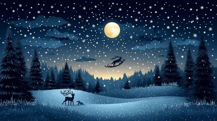 Naklejka premium Silhouettes of reindeer under a full moon with falling snow in a snowy forest.