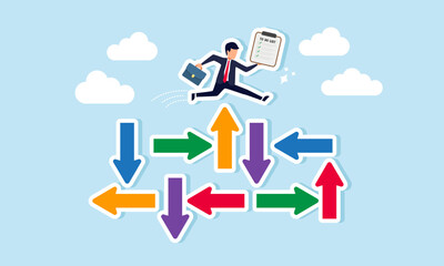 A businessman jumps over a cluster of irregular arrows while holding a to-do list, illustration of focusing on completing tasks without being affected by uncertain financial policies
