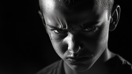 Fototapeta premium Close-up Black and White Portrait of a Boy with an Angry Expression