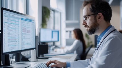 A medical coder working on a computer with patient data and coding manuals in a quiet office, Organized style, photo of