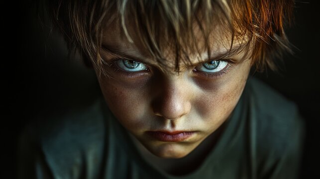 Close-up Portrait of an Angry Young Boy with Blue Eyes
