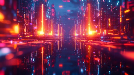 Symmetrical mirrored metallic structures reflecting glowing holographic shapes, set against a dark tech cityscape, Futuristic, Neon accents, 3D, Ultra-detailed