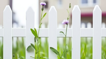 White Picket Fence with Purple Flowers Growing Through