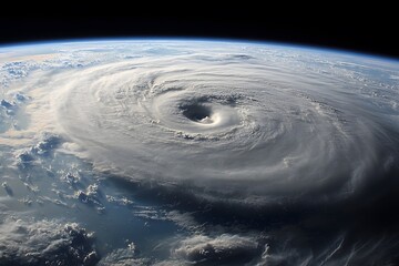 A swirling hurricane seen from space, showcasing its eye and cloud formations, emphasizing the power of nature and weather dynamics.